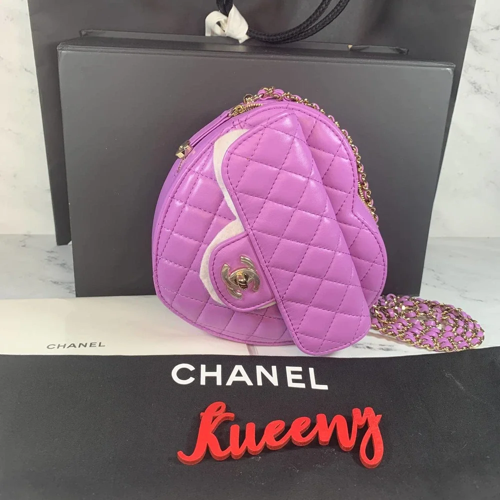 Chanel Purple Heart Bag large 22S CC Lambskin Leather Crossbody Authentic NEW - Picture 2 of 15